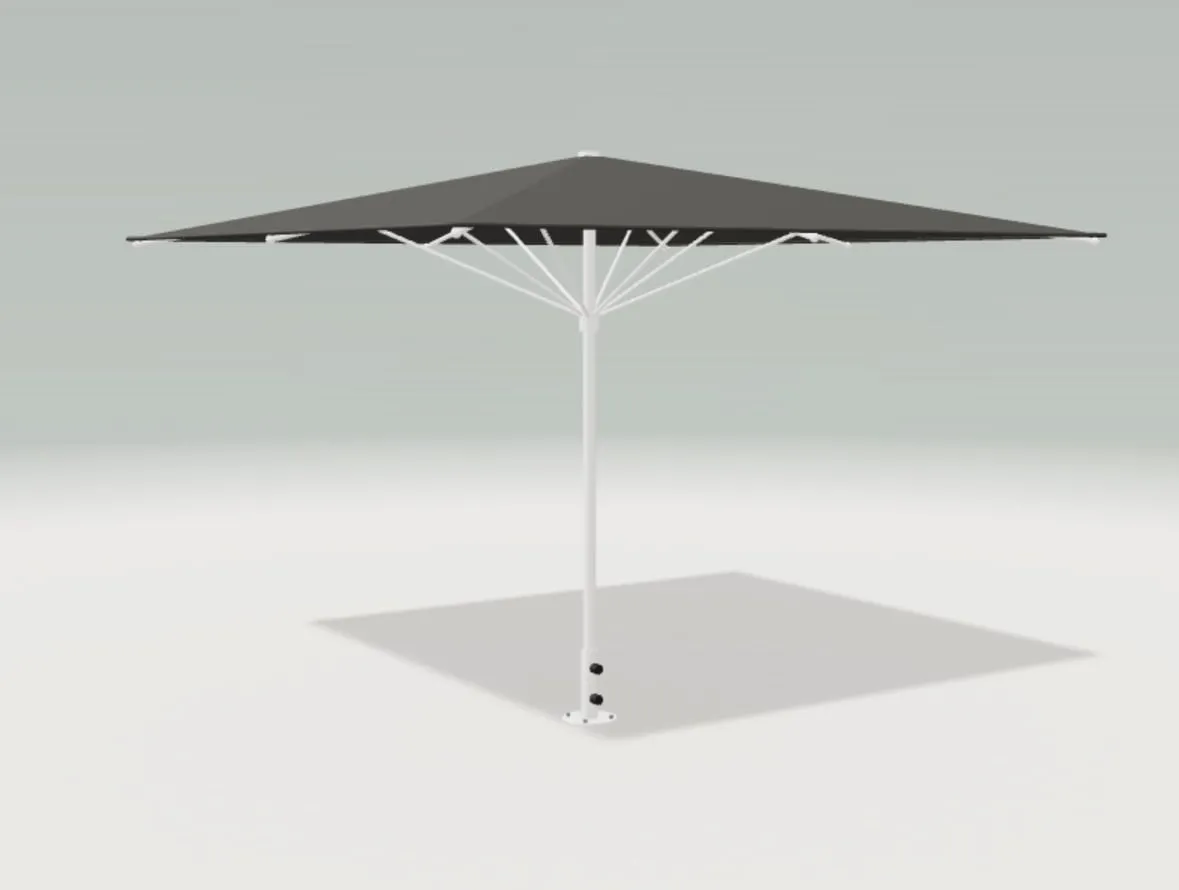 Ομπρέλα Metal Design σχεδιασμένη στον configurator: τετράγωνος ανθρακί καμβάς, λευκός σκελετός, βάση με φλάντζα